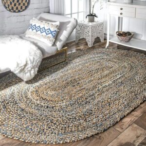 Oval Rug Natural Denim Jute Braided Style Handmade Carpet Rustic Look Area Rug
