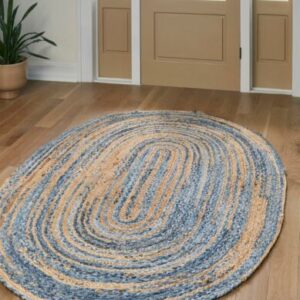 Oval Rug Natural Denim Jute Braided Style  Carpet Handmade Rustic Look Area Rug