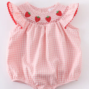 Boutique Strawberry Smocked Baby Girls Pink Bubble Romper Jumpsuit