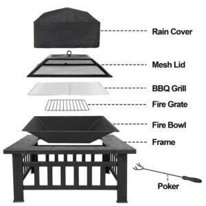 Outdoor 32" Metal Firepit Backyard Patio Garden Square Stove Fire Pit With Cover